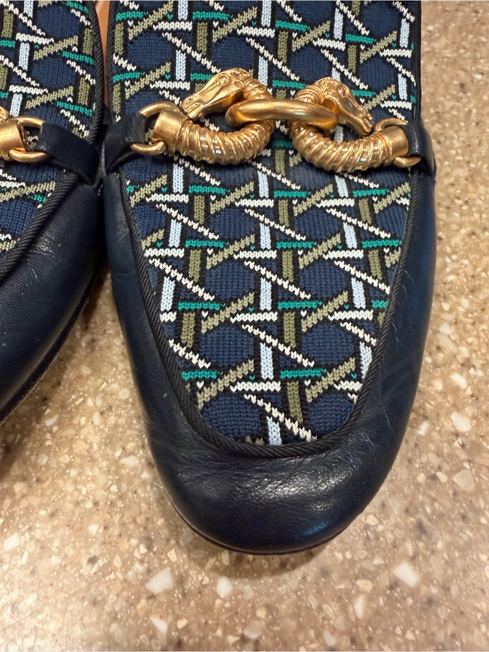 Tory Burch Navy Patterned Leather Slip-On Loafers with Gold Horsebit - Picture 3 of 10